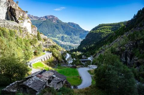 Panoramic view of Valmalenco in summer. Stock Photos