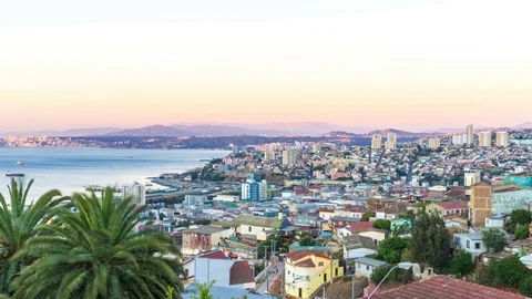 Panoramic view of Valparaiso at the nightfall Stock Footage 74181974