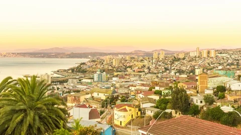 Panoramic view of Valparaiso at the nightfall Stock-Footage 74182157