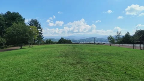 Panoramic View of Vast Green Lawn and Mountains Stock Footage 346658561