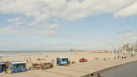 Panoramic view of vast Netherlands seaside - The Hague Stock Footage 145022553