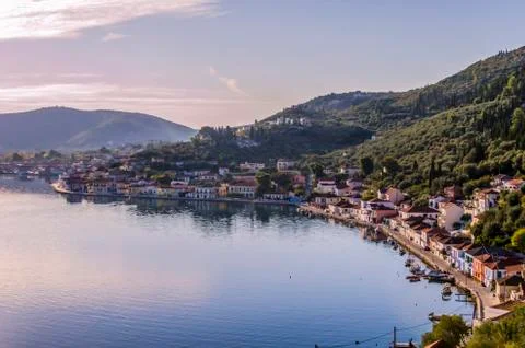 Panoramic view of Vathi main town of Ithaka island Stock Photos