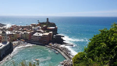 Panoramic view of Vernazza,  famous Cinque Terre village in Italy Stock Footage 244038548