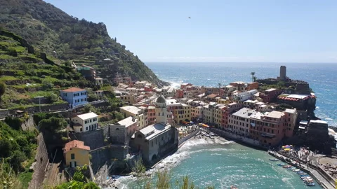 Panoramic view of Vernazza,  famous Cinque Terre village in Italy Stock Footage 244040104