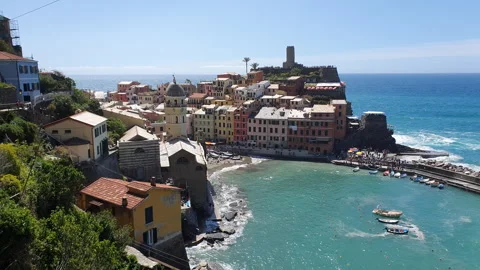 Panoramic view of Vernazza,  famous Cinque Terre village in Italy Stock Footage 244071483