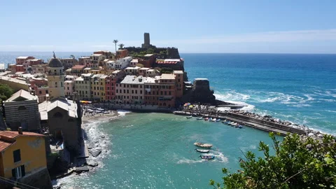 Panoramic view of Vernazza,  famous Cinque Terre village in Italy Stock Footage 244071855
