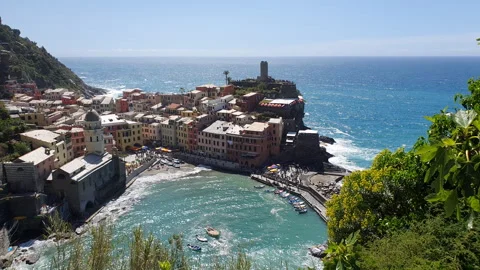 Panoramic view of Vernazza,  famous Cinque Terre village in Italy Stock Footage 244072142
