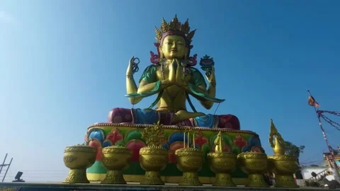Panoramic View of Vibrant New Buddhist Statue at Chitry Monastery, Nepal Stock Footage 311431704