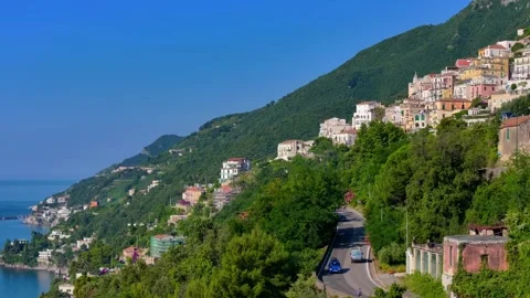 Panoramic view of Vietri sul Mare from Salerno, Italy, The Amalfitana is an Ital Stock Footage 288038607