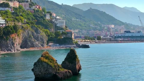 Panoramic view of Vietri sul Mare from Salerno, Italy, The Amalfitana is an Ital Stock Footage 288038670