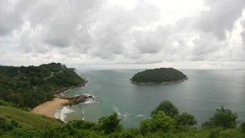 Panoramic view from viewpoint, sea wave hit sand Yanui  beach Phuket, green t Stock Footage 133985386