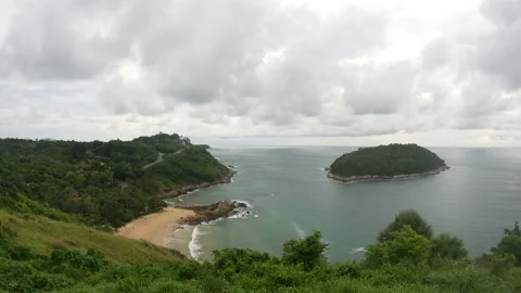 Panoramic view from viewpoint, sea wave hit sand Yanui  beach Phuket, green t Stock Footage 133985401