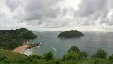 Panoramic view from viewpoint, sea wave hit sand Yanui  beach Phuket, green t Stock Footage 133985421