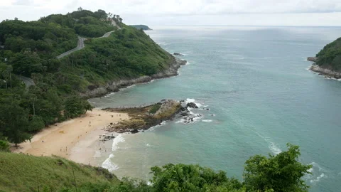 Panoramic view from viewpoint, sea wave hit sand Yanui  beach Phuket, green t Stock Footage 133985460