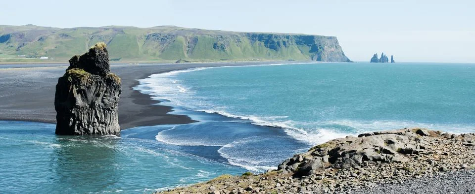 Panoramic view of Vik cliffs and beach. Iceland Stock Photos