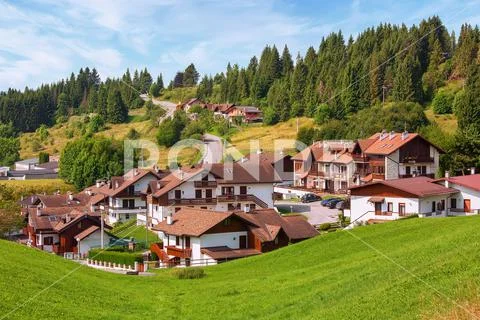 Panoramic view to village in Asiago Plateau, Vicenza, Italy. Stock Photos