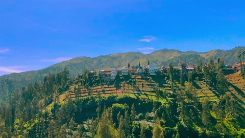 Panoramic View of Village on The Hill with Blue Sky and Evergreen Forest Stock Footage 151361353