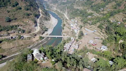 Panoramic view of village with mountain river in Nepal, Aerial drone Stock Footage 156010270