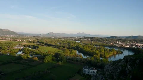 Panoramic view of villages, fields and rivers in Albania. Stock Footage 308017757