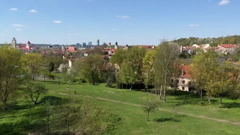 Panoramic view of Vilnius and Kudru Park from Subaciaus Viewpoint in spring 2023 Stock Footage 240315558