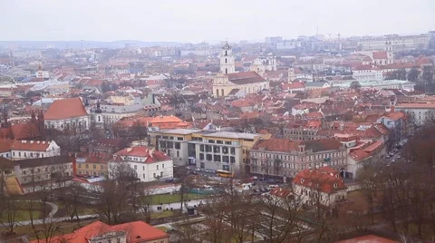 Panoramic view of Vilnius in winter. Crows in fly. Old town. Several shots. Stock Footage 47375393
