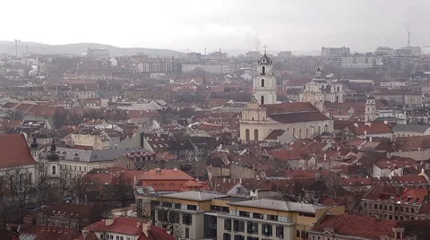 Panoramic view of Vilnius in winter. Crows in fly. Old town. Several shots. Stock Footage 47375736