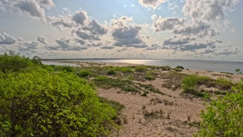 Panoramic View of the Vistula Spit with Sandy Dunes and the Baltic Sea under ... Stock Footage 328304709
