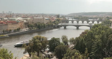 Panoramic View of Vltava River and Charles Bridge in Prague. Log Stock Footage 342733128
