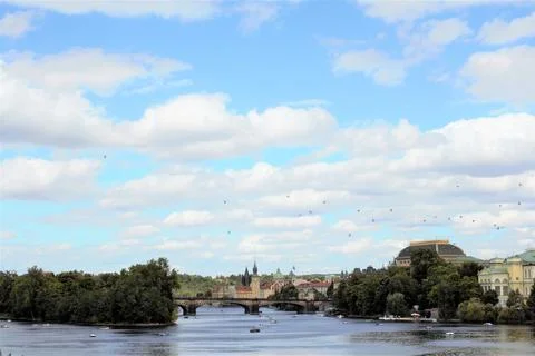 Panoramic view of Vltava river and Charles Bridge Stock Photos
