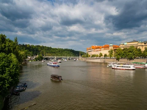 Panoramic View on Vltava River in Prague Stock Footage 80316459