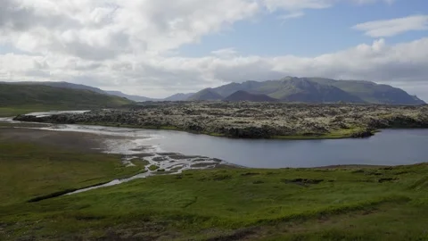 Panoramic View of Volcanic Icelandic Landscape with Mossy Lava Fields and Lake Stock Footage 339641756