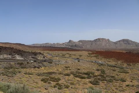 Panoramic view of volcanic lanscape in front of the ocean from the peak of .. Stock Photos