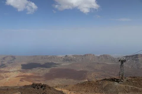 Panoramic view of volcanic lanscape in front of the ocean from the peak of .. Stock Photos