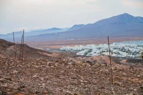 Panoramic view of Volcano de Playa Blanca and landscape of the village Stock Photos