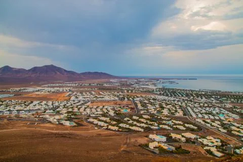 Panoramic view of Volcano de Playa Blanca and landscape of the village Stock Photos