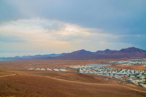 Panoramic view of Volcano de Playa Blanca and landscape of the village Stock Photos