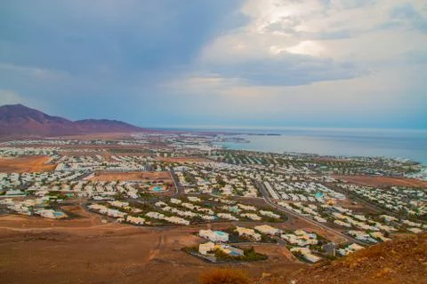Panoramic view of Volcano de Playa Blanca and landscape of the village Stock Photos