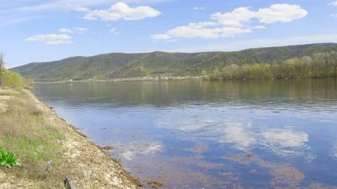 Panoramic view of the Volga River and the mountains in the distance. Stock Footage 189820477