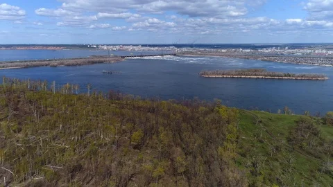 Panoramic View of Volga River Bend, aerial shooting Stock Footage 129456468