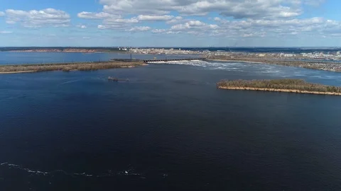 Panoramic view of the Volga river, the city of Tolyatti and the hydroelectric Stock Footage 129456576