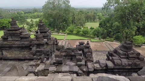 Panoramic View from the Wall of Temple Terrace, Borobudur, Java, Indonesia Stockbeeldmateriaal 244242481