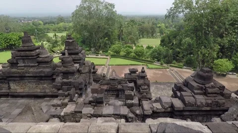 Panoramic View from the Wall of Temple Terrace, Borobudur, Java, Indonesia Stock Footage 244242514
