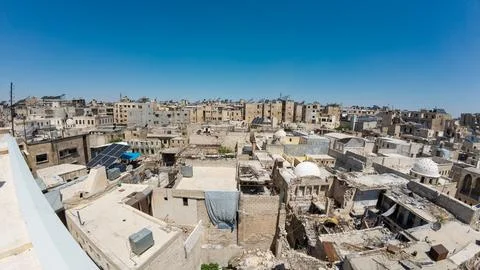 Panoramic View of War-Torn Cityscape. Aleppo city, Syria. Stock Photos
