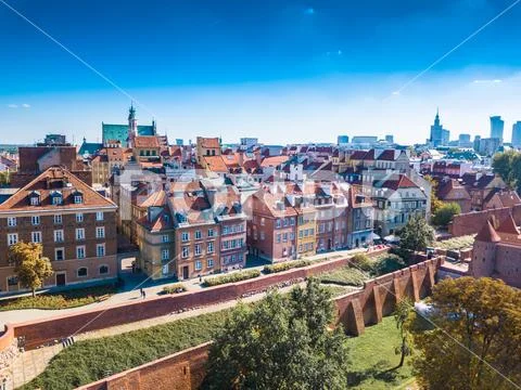 Panoramic view of Warsaw in a summer day n Poland. Old town and Center of Tow Stock Photos