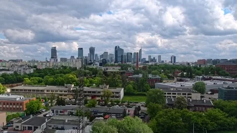 Panoramic view of Warsaw in summer with modern skyscrapers, green areas and Stock Footage 321489372