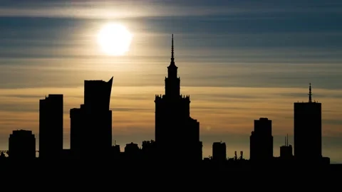 Panoramic view of Warsaw, Time Lapse at Sunset with Colorful Clouds, Poland Stock Footage 175287823