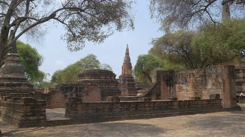 Panoramic view of Wat Phra Ram temple ruin in the Historical Park of Ayutthaya. Stock Footage 77191253