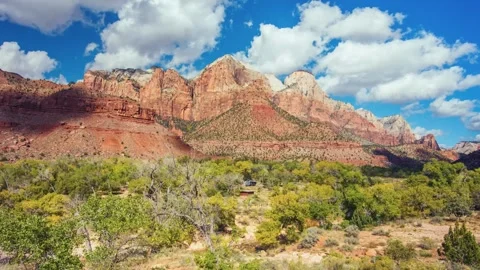 Panoramic View of The Watchman Trail and Zion Canyon in Zion National Park, Utah Stock Footage 332020814