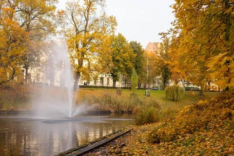 A panoramic view of a water channel in a park in Riga Stock Photos