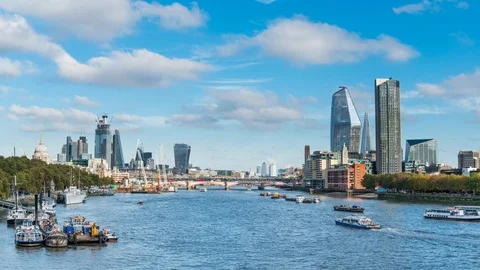 Panoramic view from Waterloo Bridge, showing Southbank, the City of London, and Stock Footage 107716168